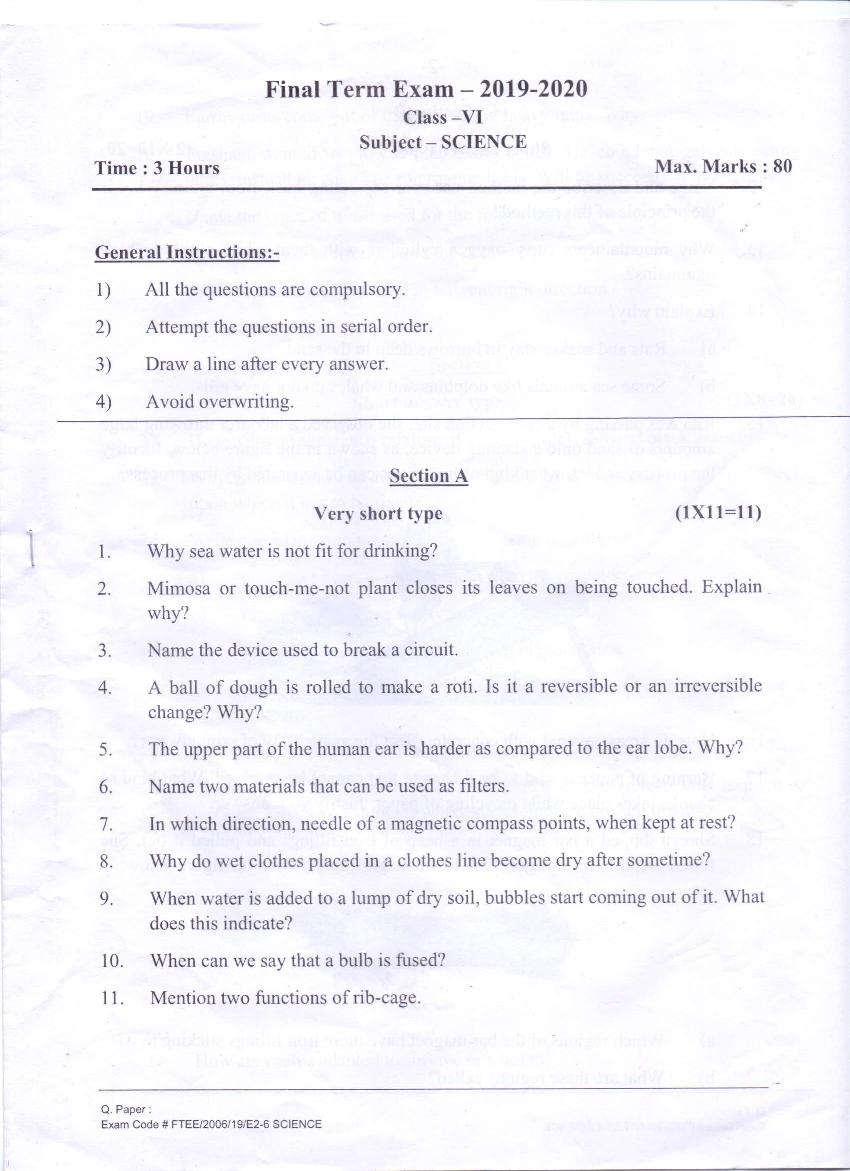 CBSE Class 6 Question Paper 2019 Science - Page 1