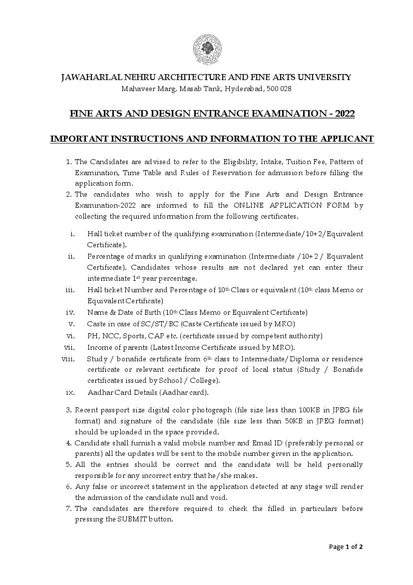 JNAFAU Admission 2022 Important Instruction - Page 1