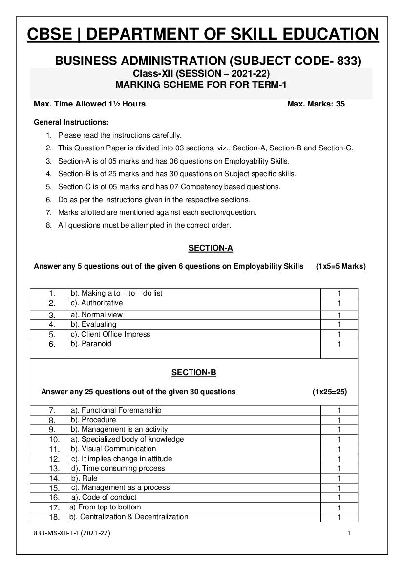 CBSE Class 12 Marking Scheme 2022 for Business Administration - Page 1