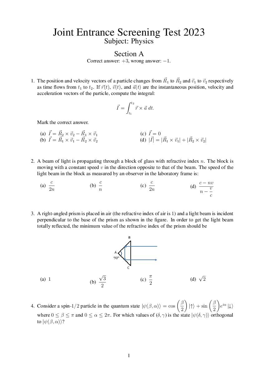 JEST 2023 Question Paper with Answer Key - Page 1