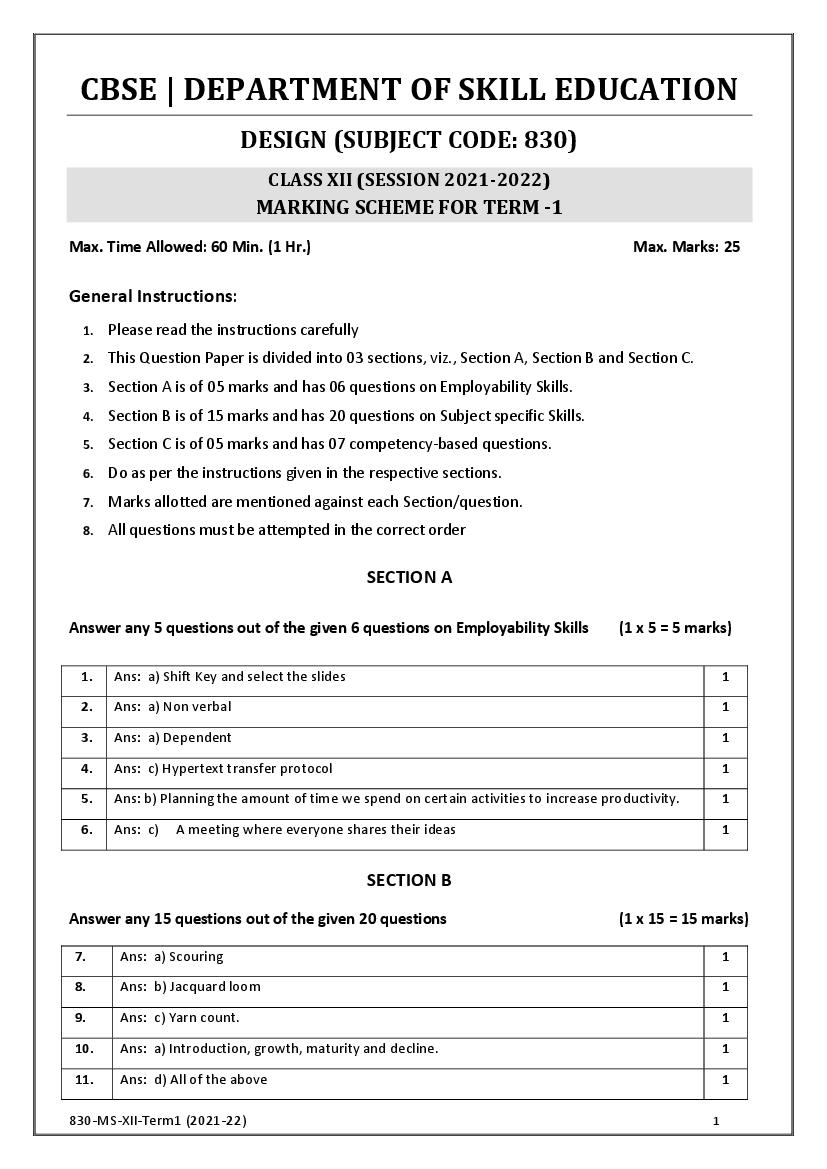 CBSE Class 12 Marking Scheme 2022 for Design - Page 1 of 2