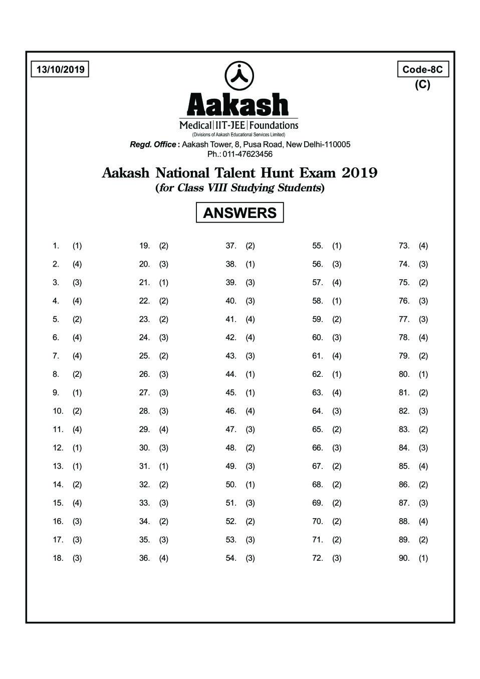 ANTHE 2019 Class 8 Answer Key (Foundation) Code 8C - Page 1
