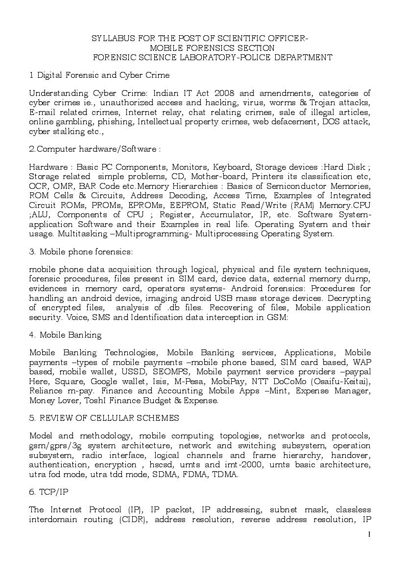 KSP FSL Syllabus 2020 for Mobile Forensic - Page 1 of 2