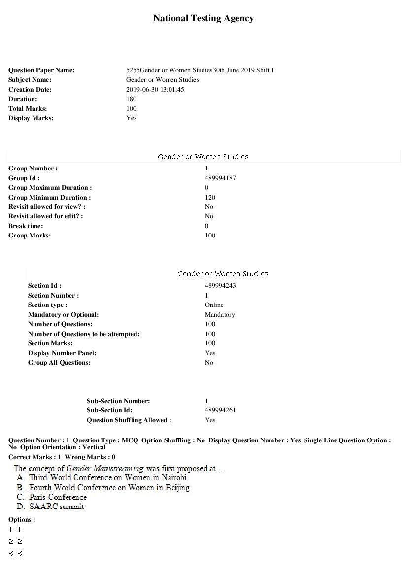 ARPIT 2019 Question Paper for Gender or Women Studies Shift 1 - Page 1 of 33