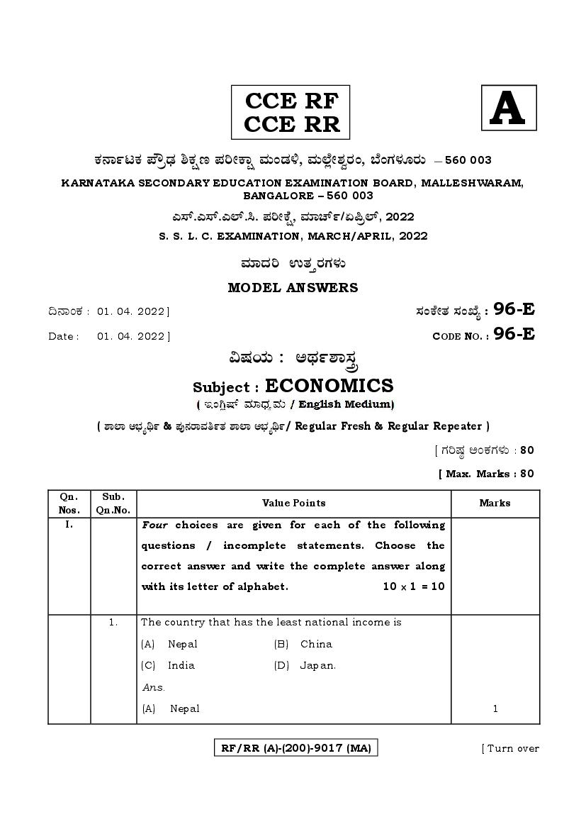 Karnataka SSLC Question Paper 2022 Answer Key Economics - Page 1