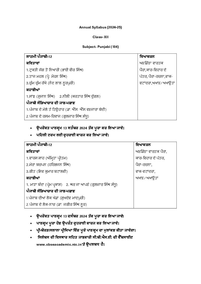 Edudel Syllabus 2025 Class 12 Punjabi - Page 1 of 1