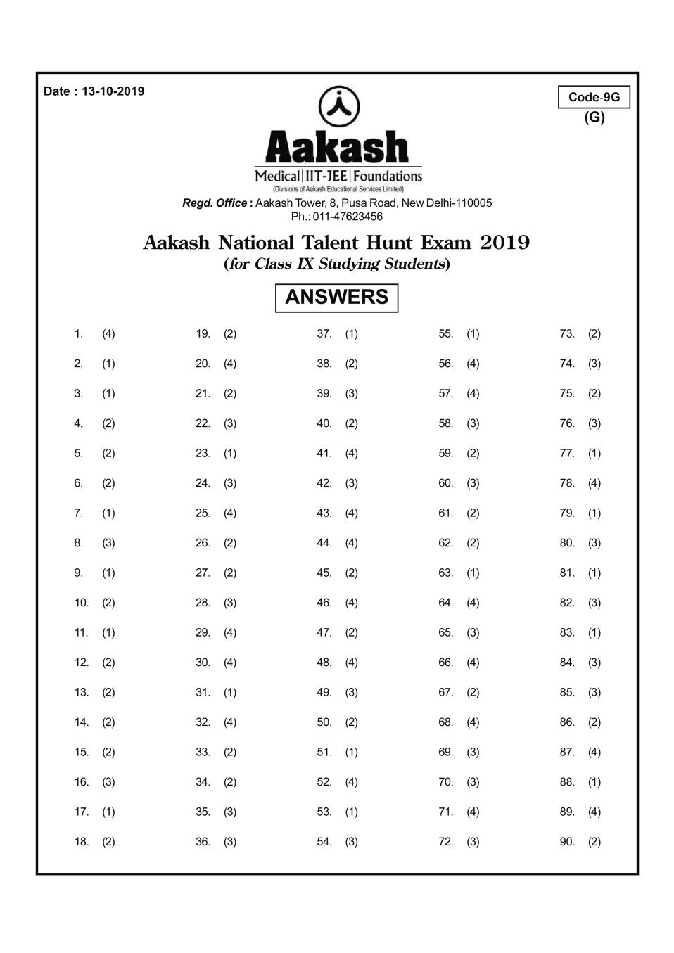 ANTHE 2019 Class 9 Answer Key (Foundation) Code 9G - Page 1
