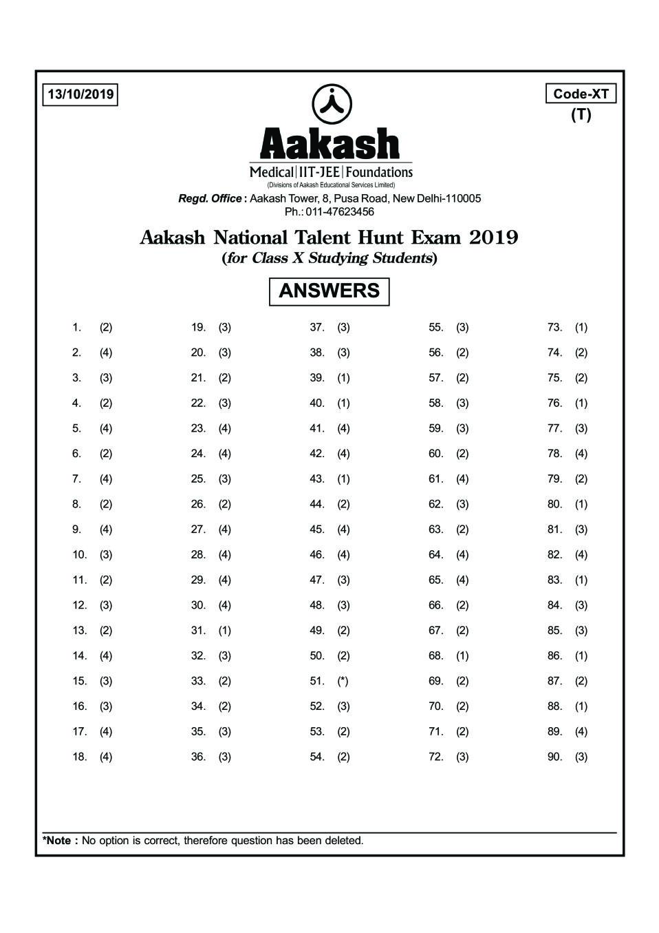 ANTHE 2019 Class 10 Answer Key (Foundation) Code XT - Page 1
