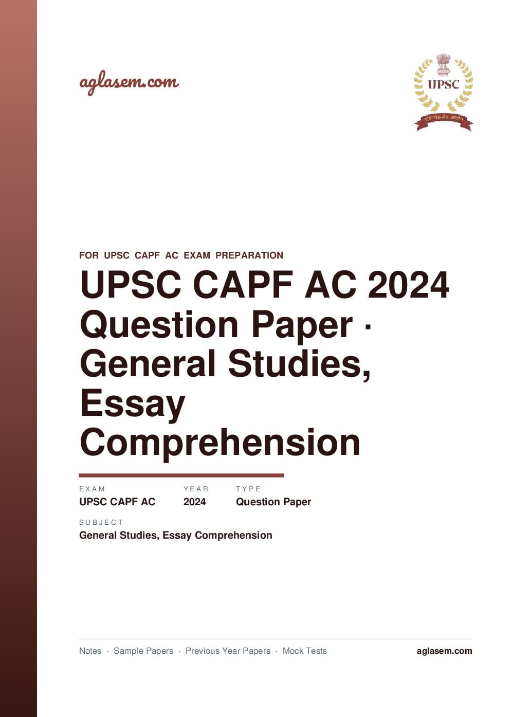 UPSC CAPF AC 2024 Question Paper for General Studies, Essay and Comprehension - Page 1 of 9