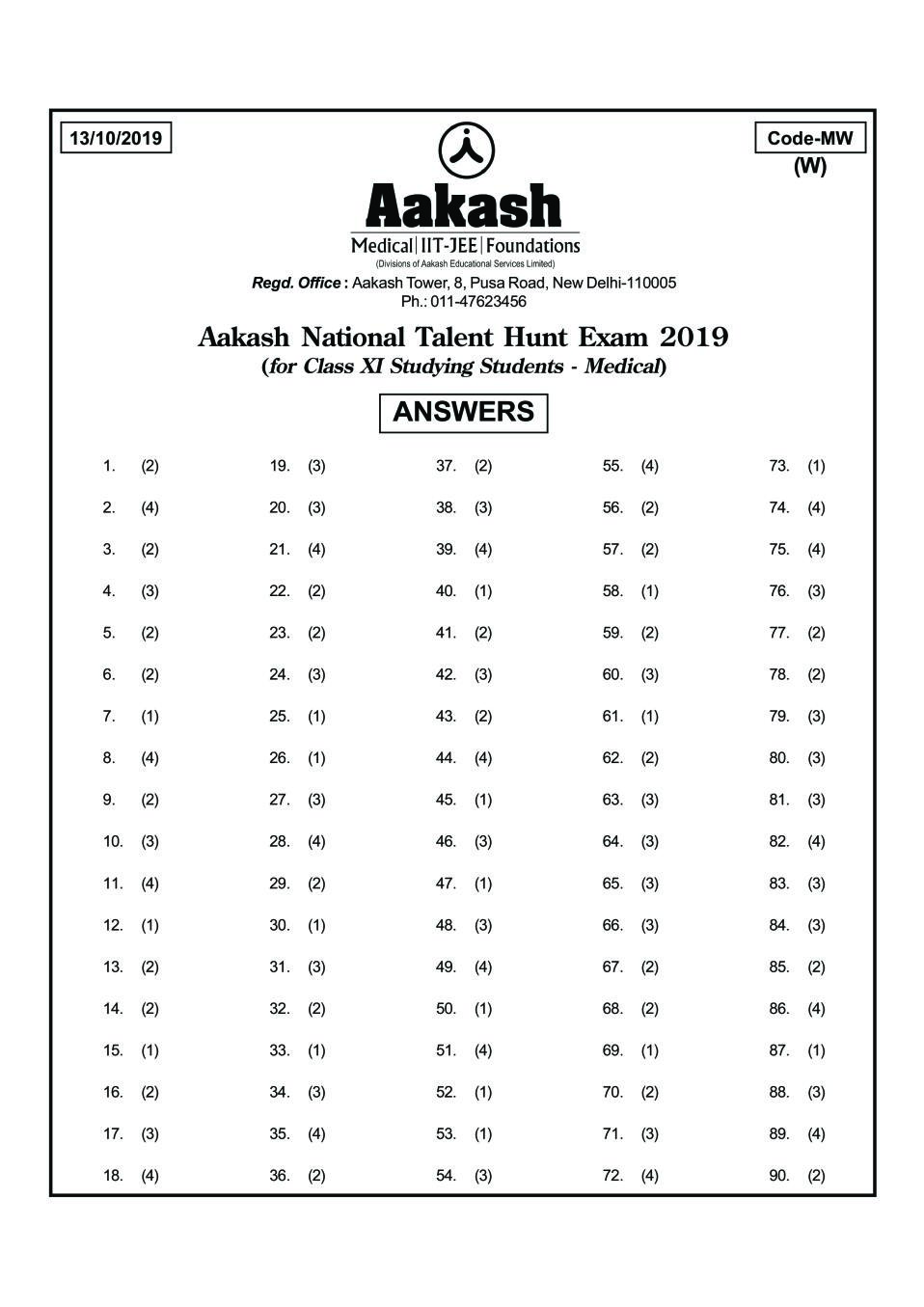 ANTHE 2019 Class 11 Answer Key (Medical) Code MW - Page 1