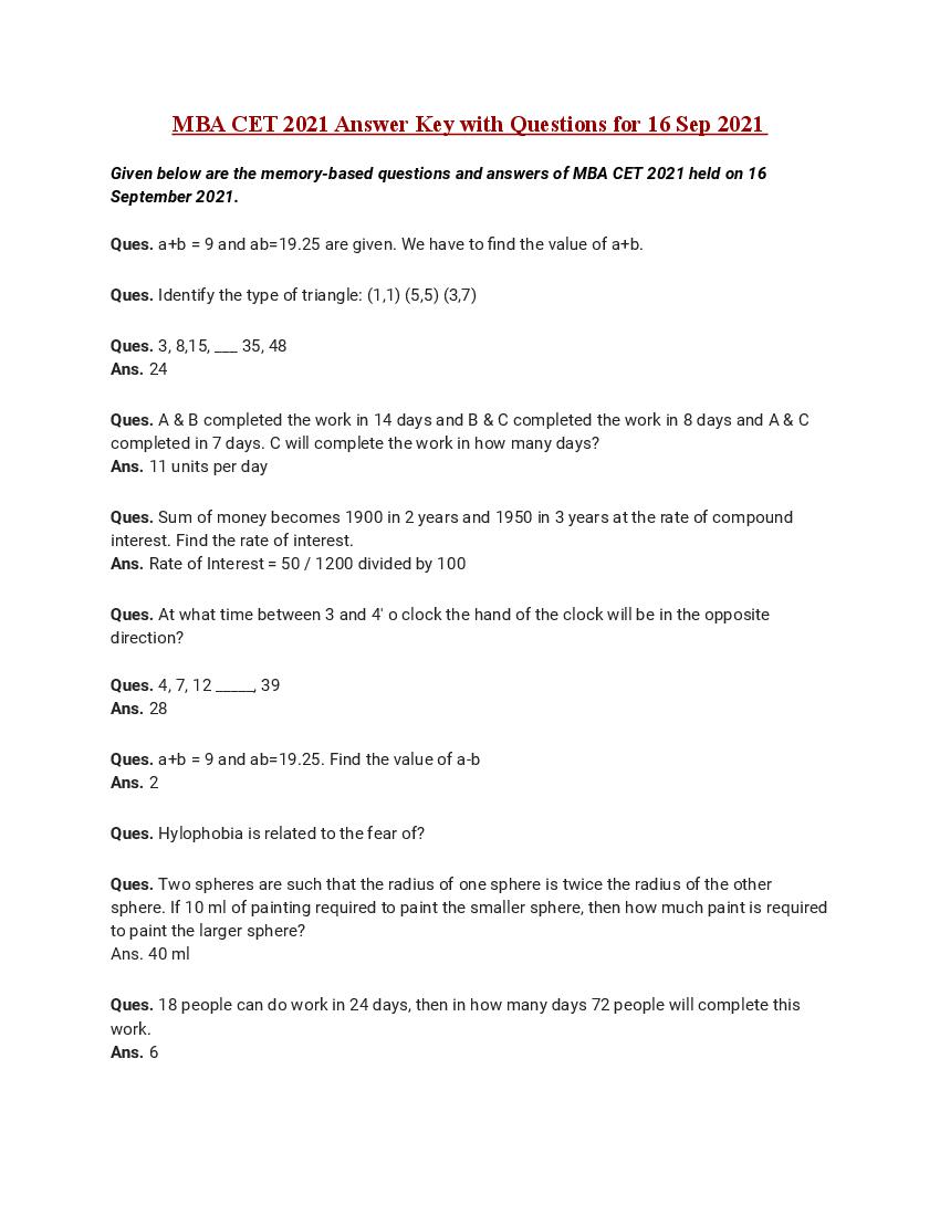 MBA CET 2021 Questions Paper 16 Sep - Page 1