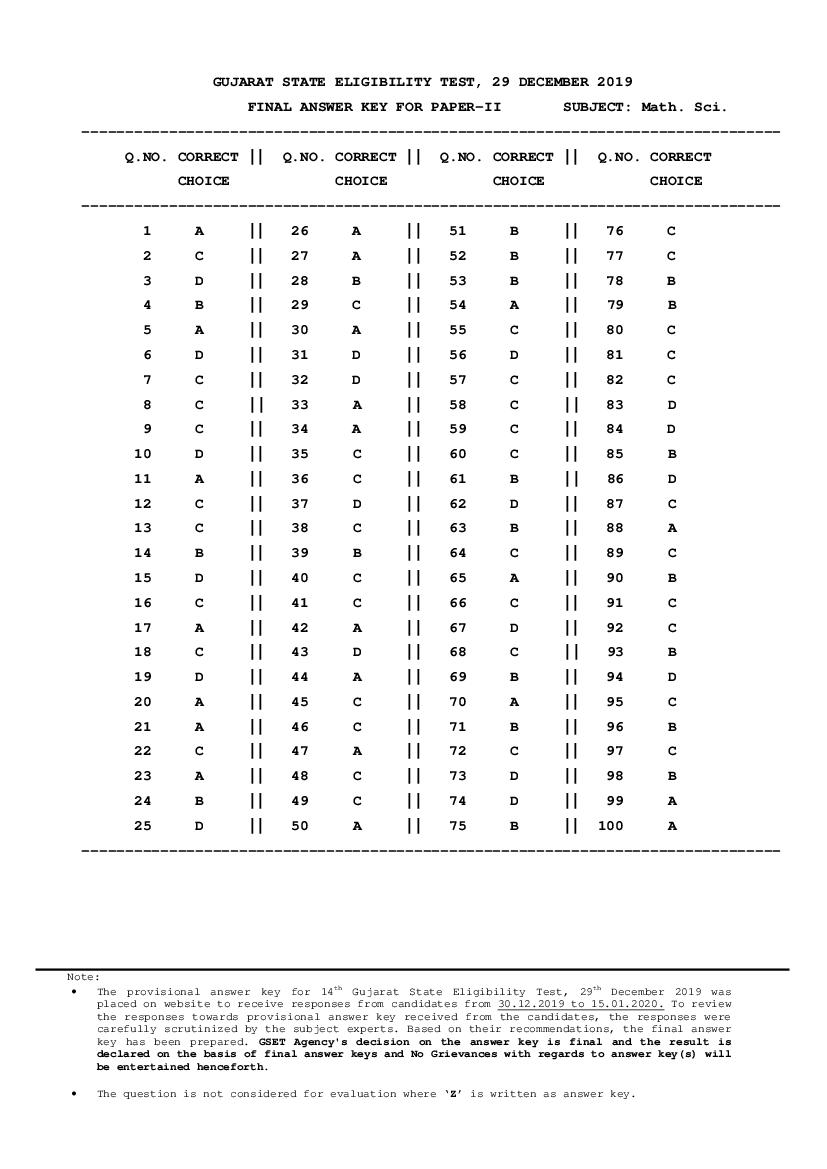 GSET 2019 Answer Key Paper 2 Mathematical Sciences - Page 1 of 1
