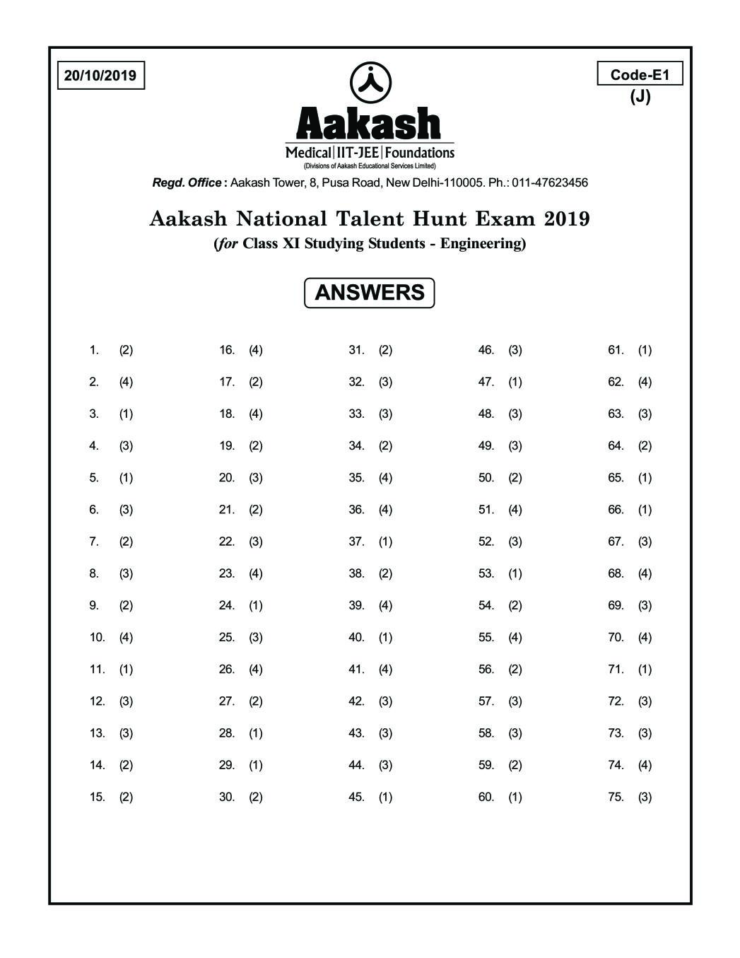 ANTHE 2019 Class 11 Answer Key (Engineering) Code E1 - Page 1