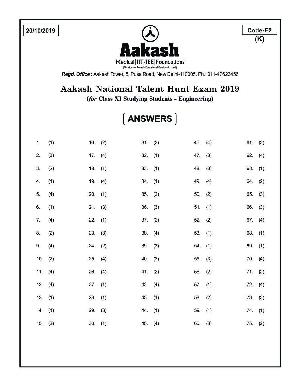 ANTHE 2019 Class 11 Answer Key (Engineering) Code E2 - Page 1