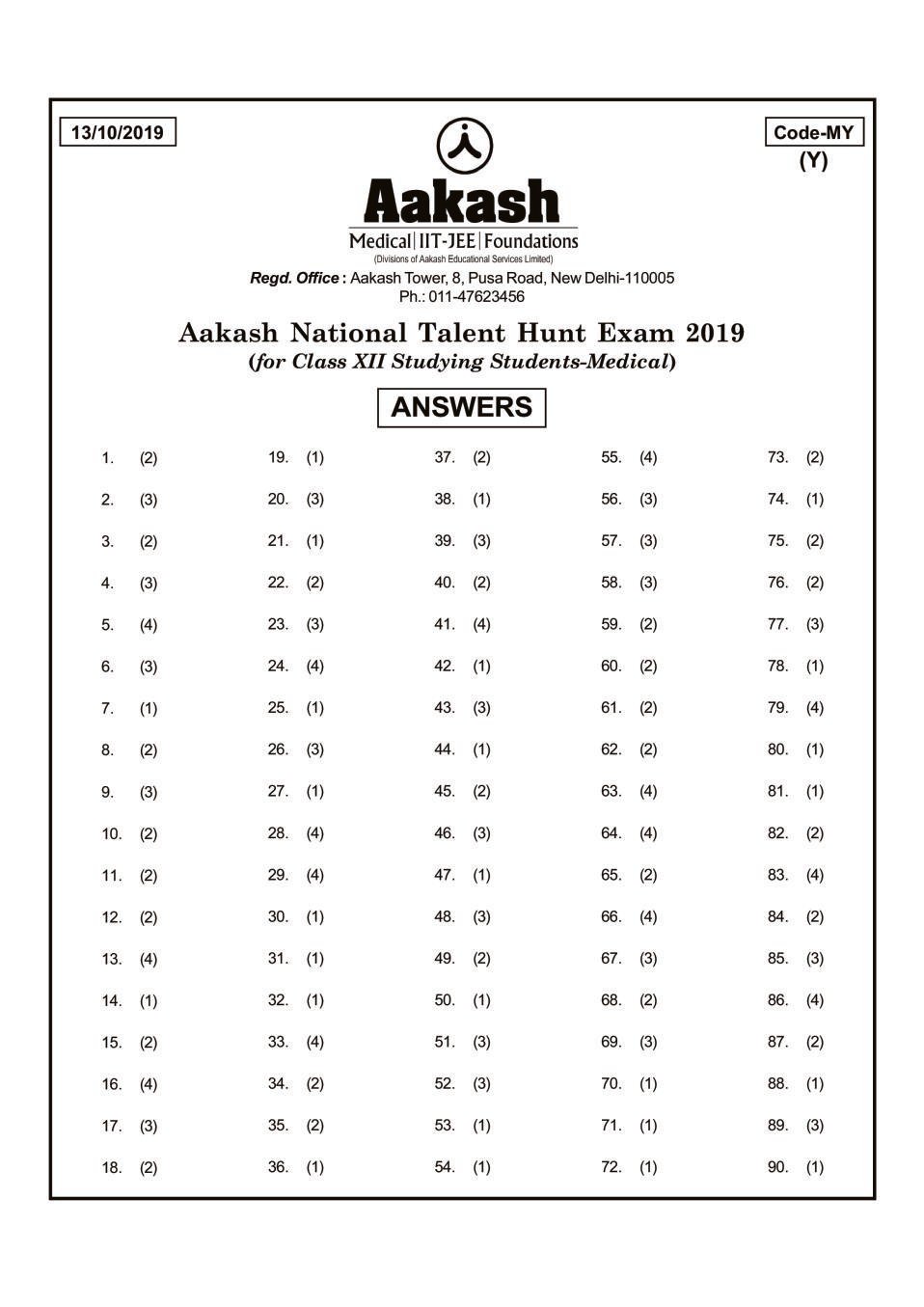 ANTHE 2019 Class 12 Answer Key (Medical) Code MY - Page 1