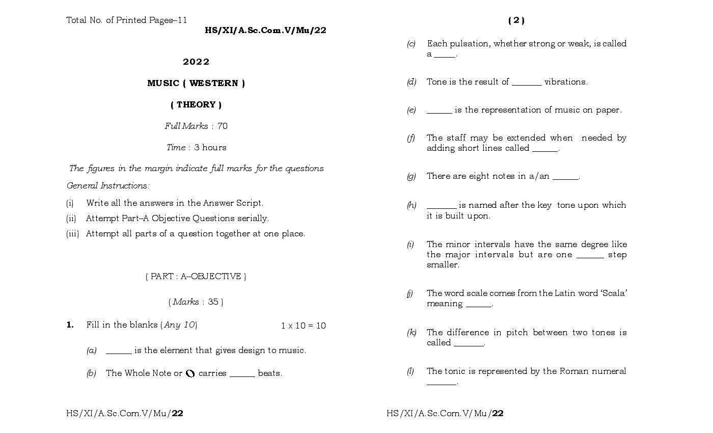 MBOSE Class 11 Question Paper 2022 for Music Western - Page 1
