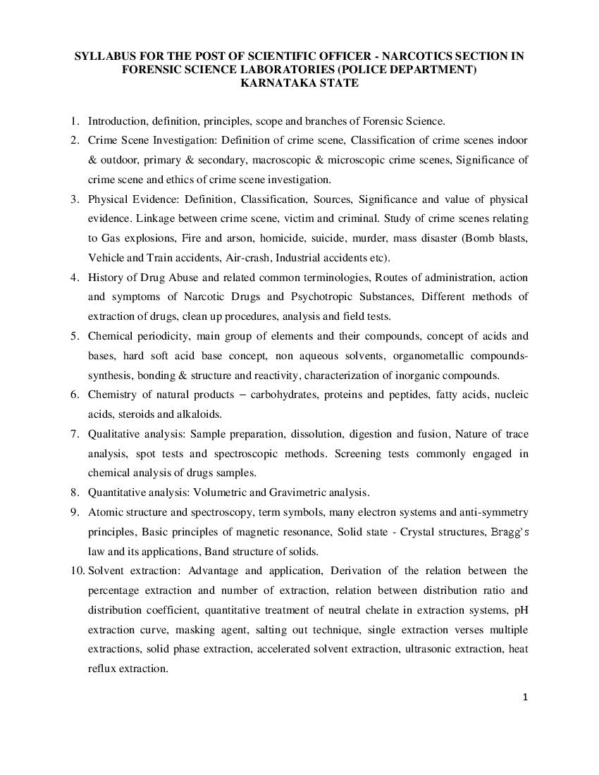 KSP FSL Syllabus 2020 for Norcotic - Page 1 of 2
