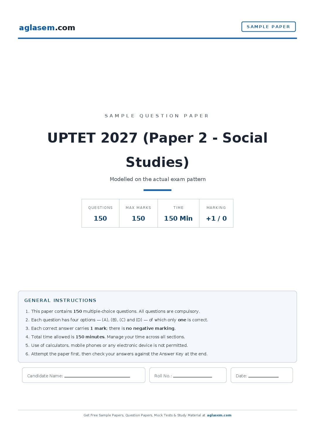 UPTET 2027 Sample Paper (Paper 2 - Social Studies) - Page 1 of 18
