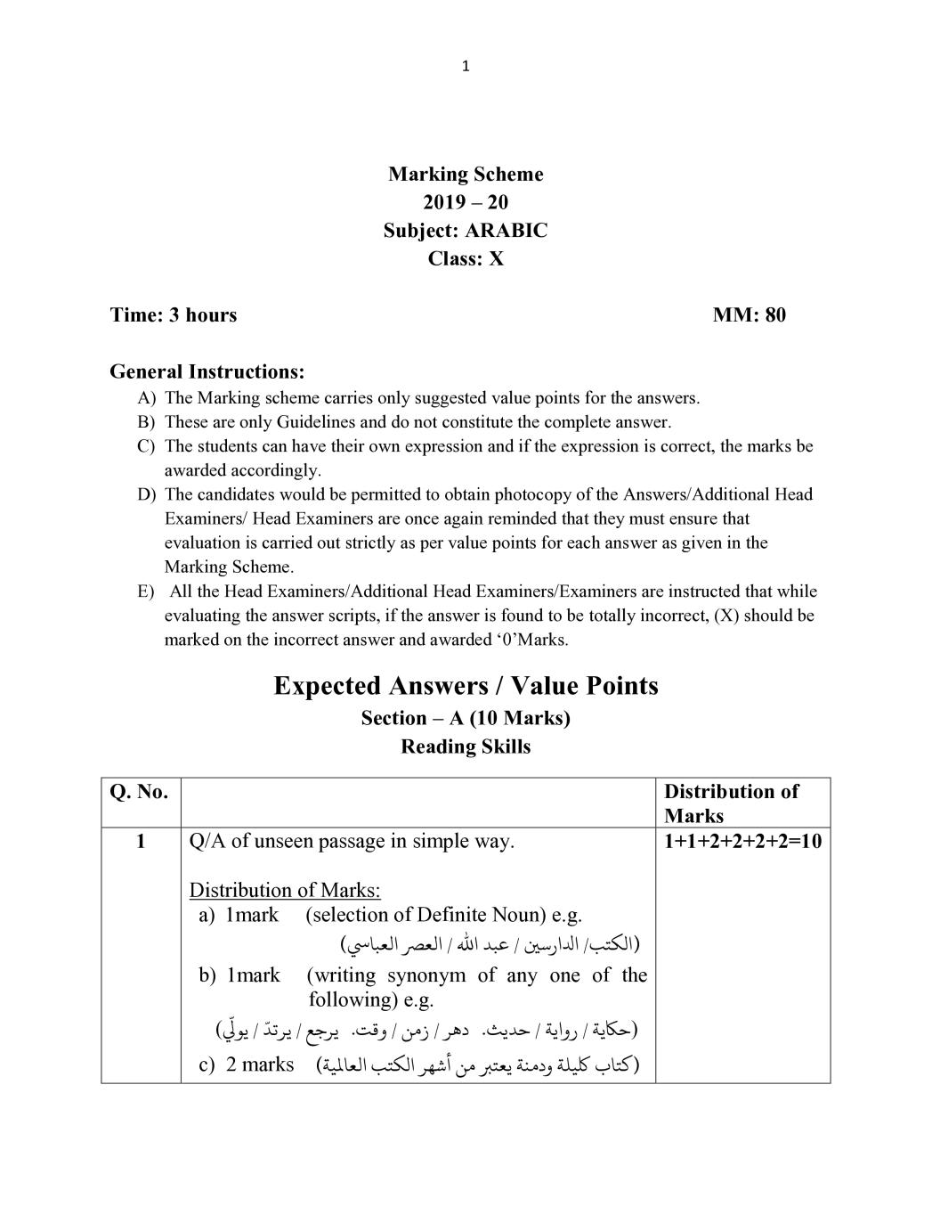 CBSE Class 10 Marking Scheme 2020 for Arabic - Page 1