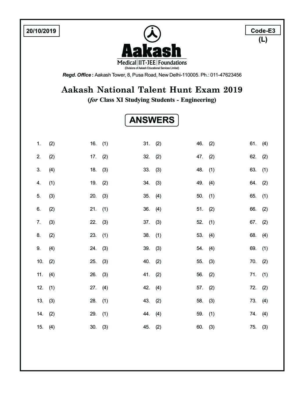 ANTHE 2019 Class 11 Answer Key (Engineering) Code E3 - Page 1