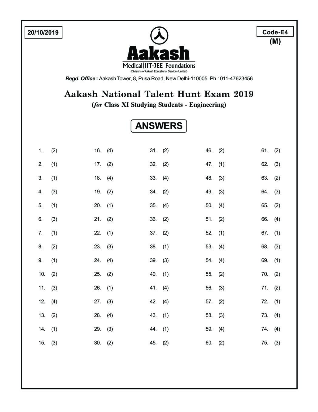 ANTHE 2019 Class 11 Answer Key (Engineering) Code E4 - Page 1