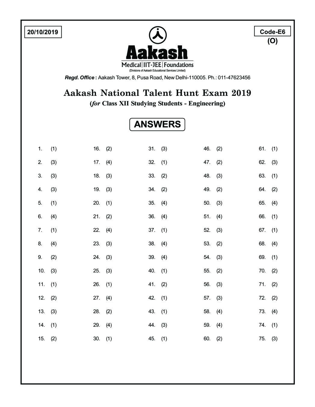 ANTHE 2019 Class 12 Answer Key (Engineering) Code E6 - Page 1
