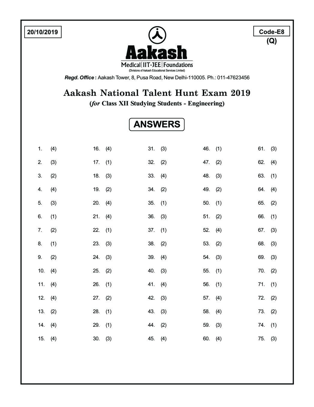 ANTHE 2019 Class 12 Answer Key (Engineering) Code E8 - Page 1