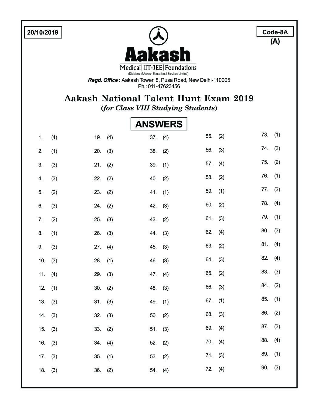 ANTHE 2019 Class 8 Answer Key (Foundation) Code 8A - Page 1