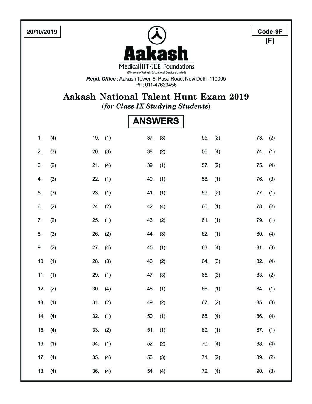 ANTHE 2019 Class 9 Answer Key (Foundation) Code 9F - Page 1