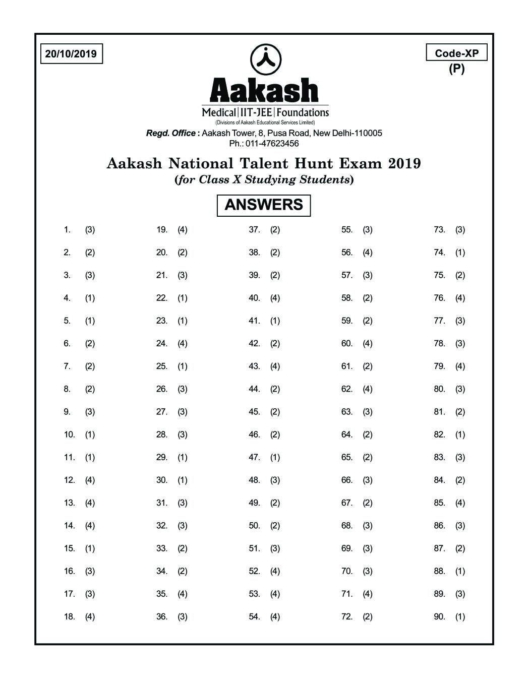 ANTHE 2019 Class 10 Answer Key (Foundation) Code XP - Page 1