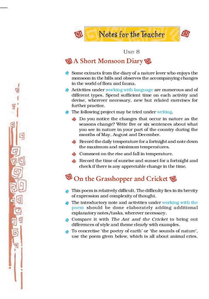 NCERT Book Class 8 English (Honeydew) Chapter 8 On the Grasshopper and Cricket; A Short Monsoon Diary - Page 1