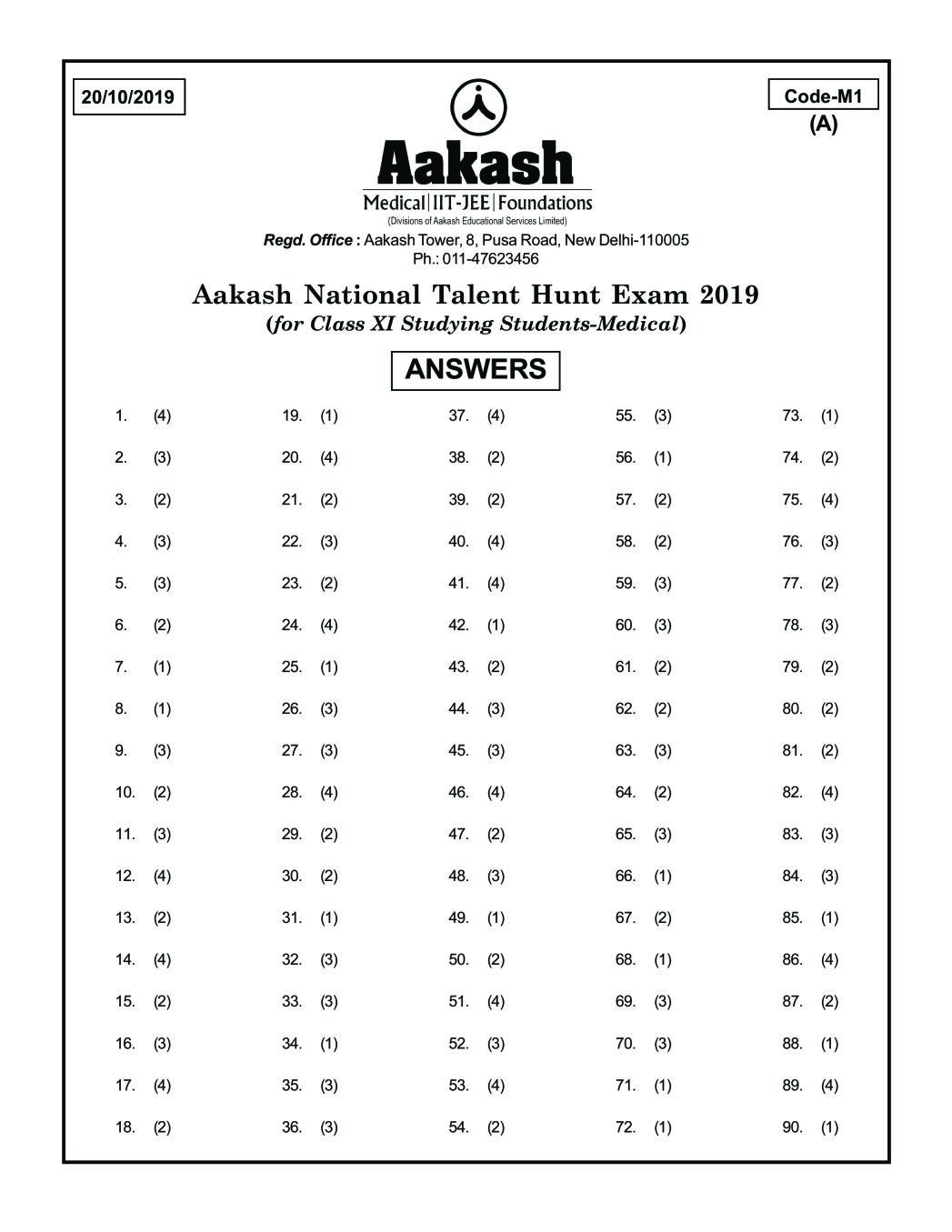 ANTHE 2019 Class 11 Answer Key (Medical) Code M1 - Page 1