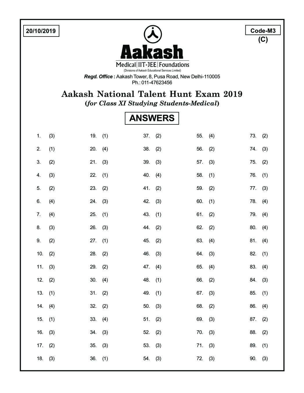 ANTHE 2019 Class 11 Answer Key (Medical) Code M3 - Page 1