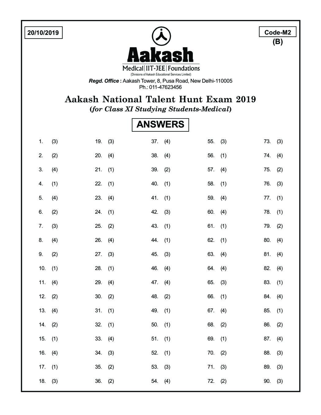ANTHE 2019 Class 11 Answer Key (Medical) Code M12 - Page 1