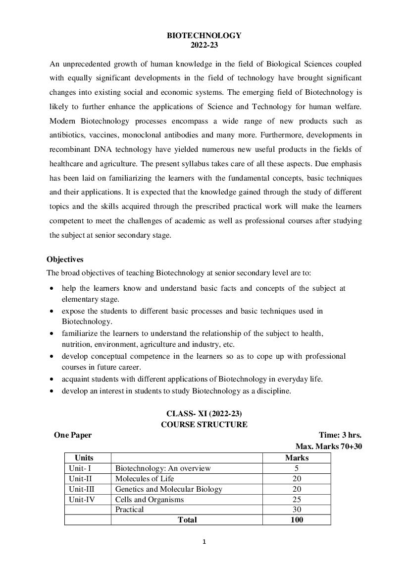 CBSE Class 11 Syllabus 2022-23 BioTechnology - Page 1 of 3