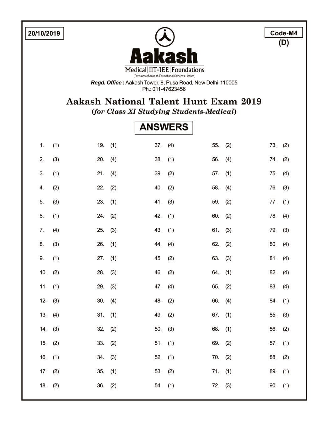ANTHE 2019 Class 11 Answer Key (Medical) Code M4 - Page 1 of 1