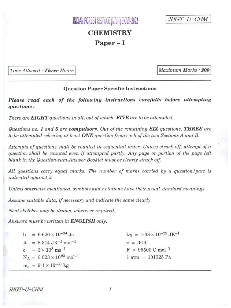 UPSC IFS 2022 Question Paper for Chemistry Paper I  - Page 1