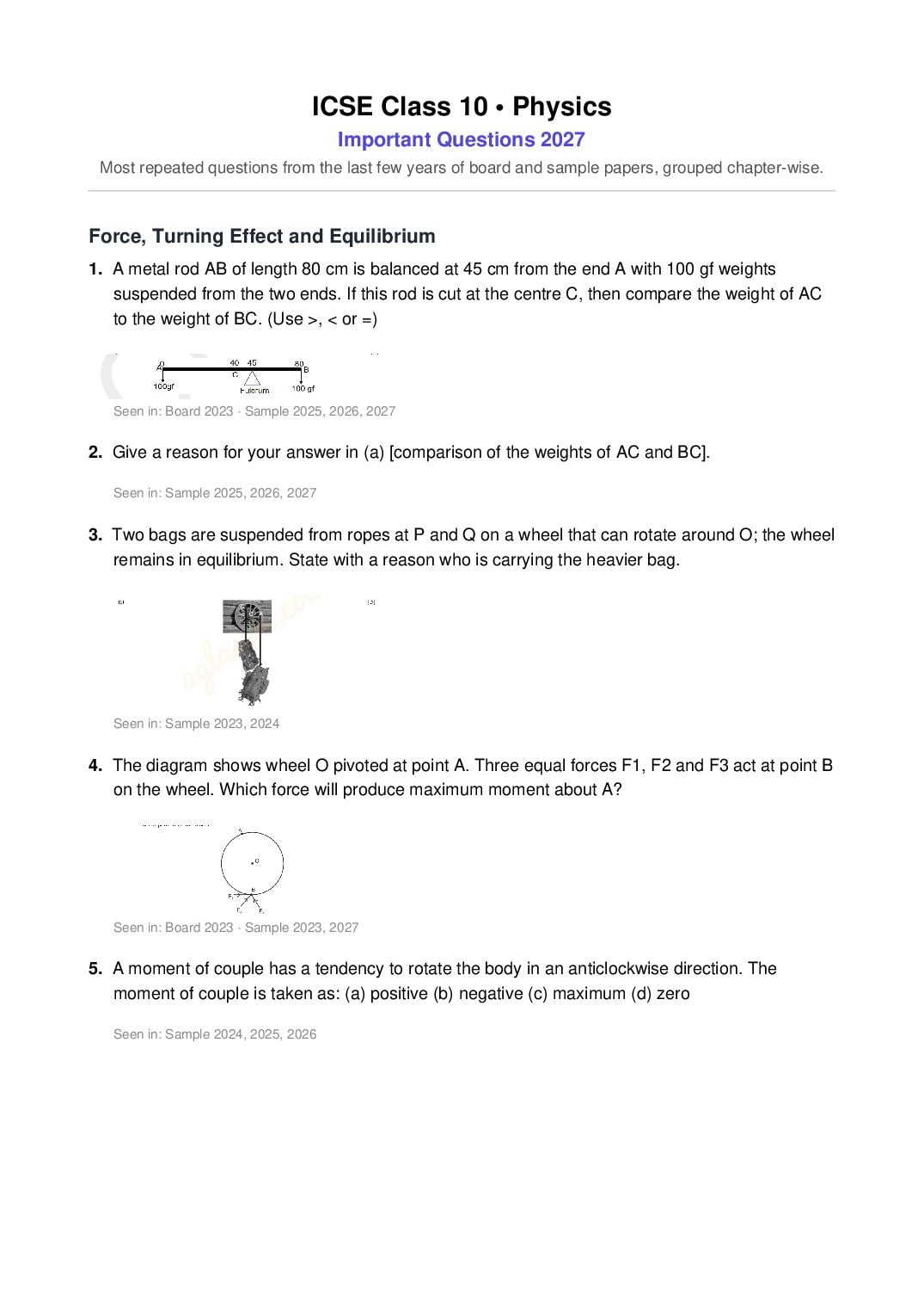 ICSE Class 10 Important Questions 2027 Physics - Page 1 of 20