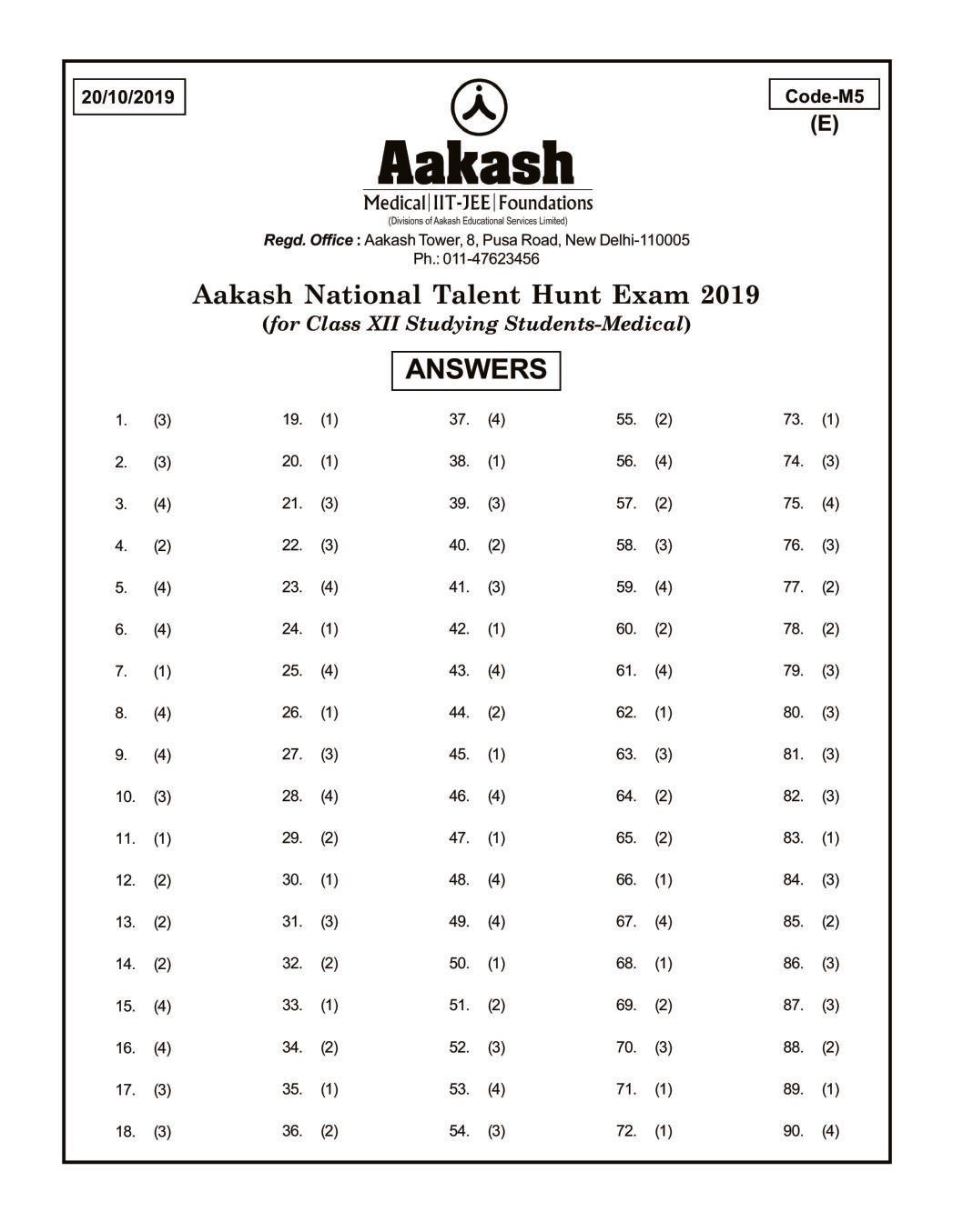 ANTHE 2019 Class 12 Answer Key (Medical) Code M5 - Page 1