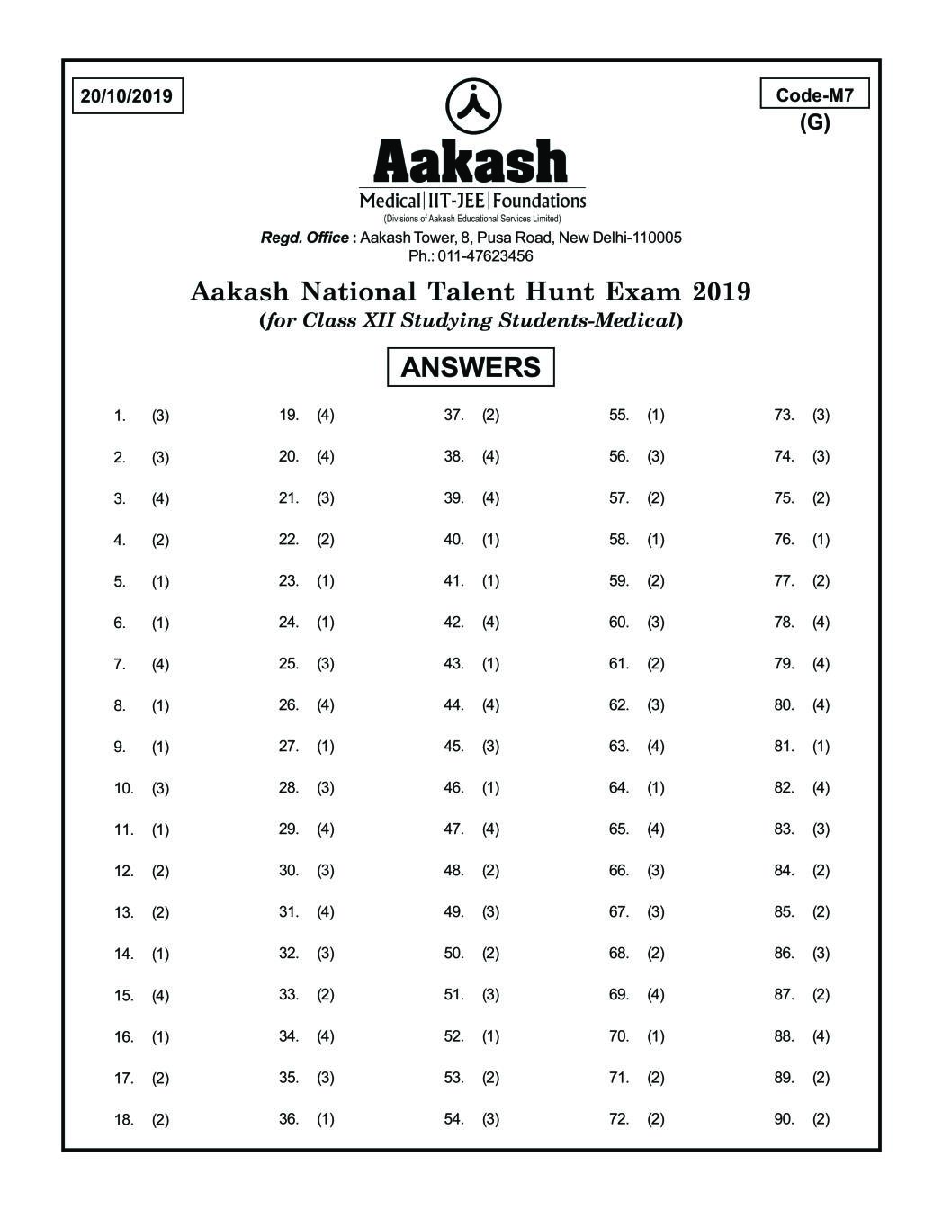 ANTHE 2019 Class 12 Answer Key (Medical) Code M7