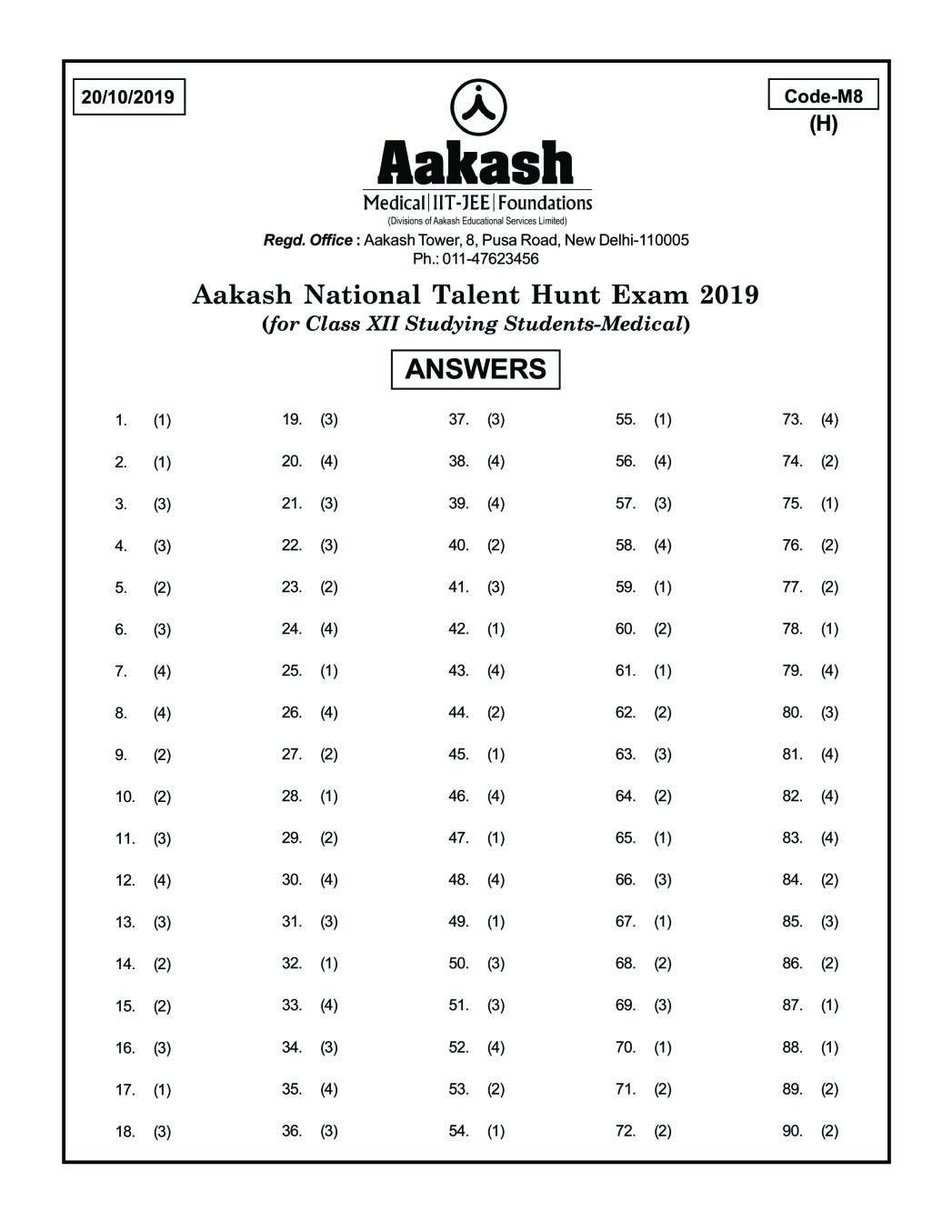ANTHE 2019 Class 12 Answer Key (Medical) Code M8 - Page 1