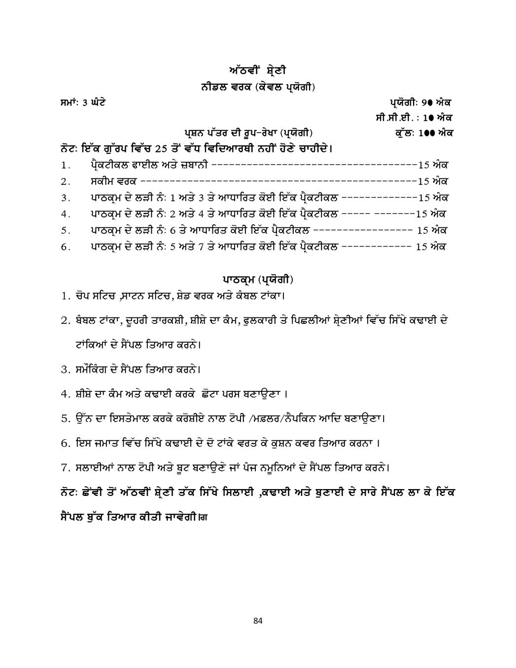 PSEB Syllabus 2020-21 for Class 8 Niddle Work - Page 1