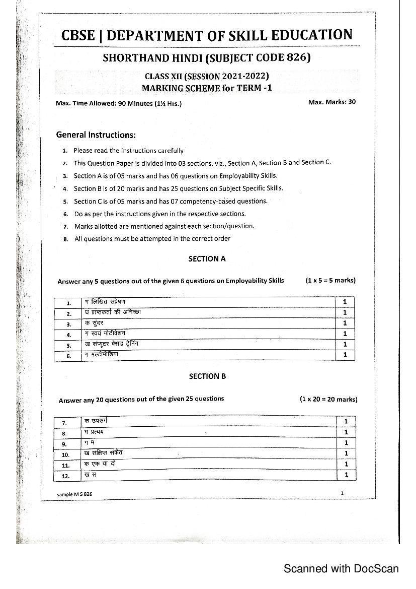 CBSE Class 12 Marking Scheme 2022 for Shorthand Hindi - Page 1 of 2