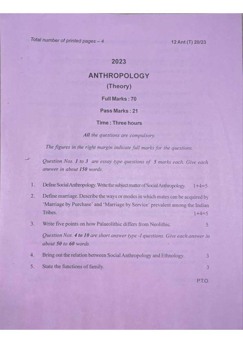 Manipur Board Class 12 Question Paper 2023 for Anthropology - Page 1
