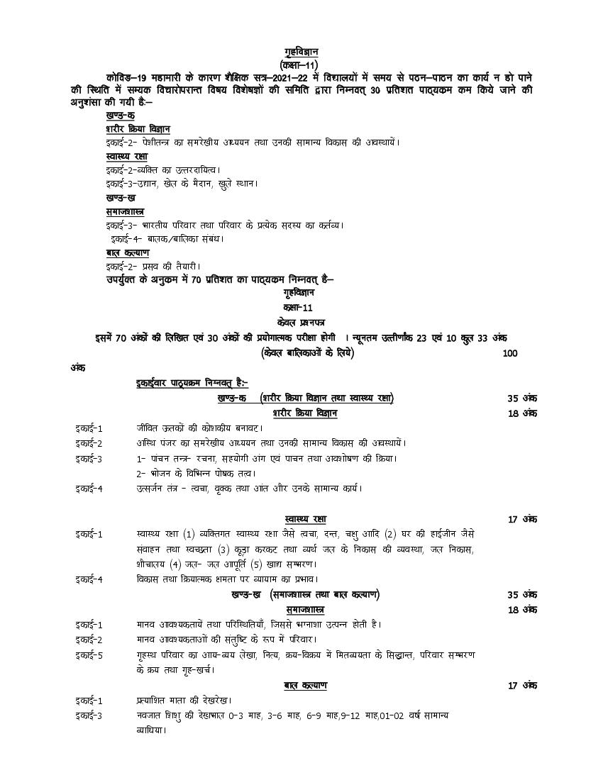 UP Board Class 11 Syllabus 2022 Home Science - Page 1