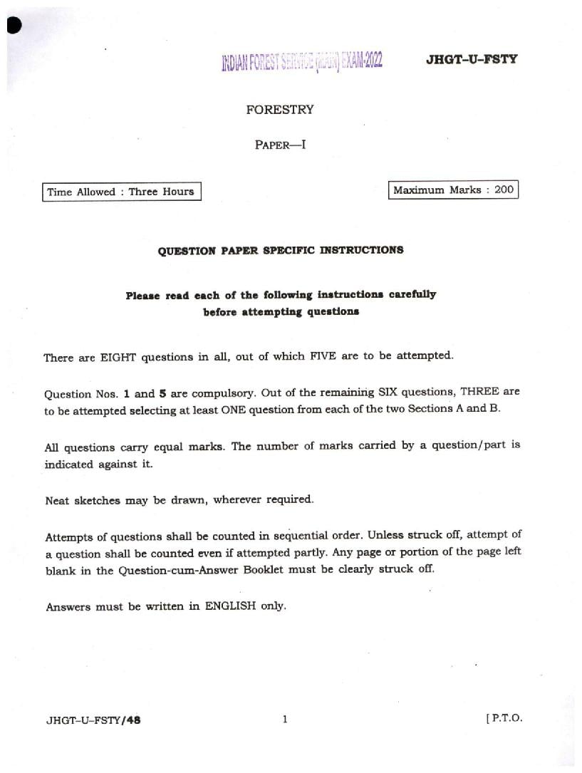 UPSC IFS 2022 Question Paper for Forestry Paper I  - Page 1