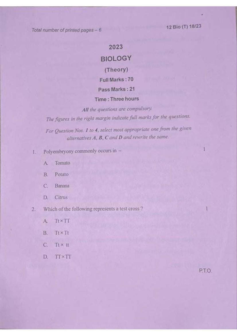 Manipur Board Class 12 Question Paper 2023 for Biology - Page 1