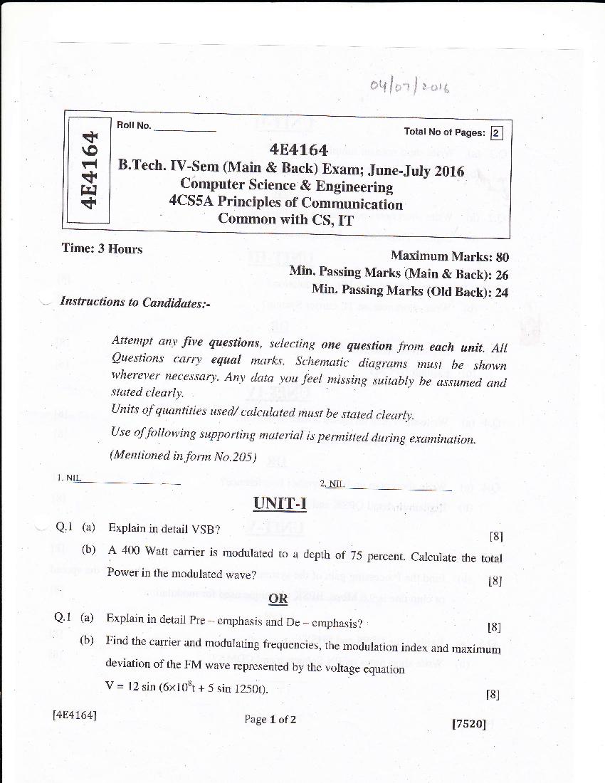 RTU 2016 Question Paper Semester IV Computer Science and Engineering Principles of Communication - Page 1