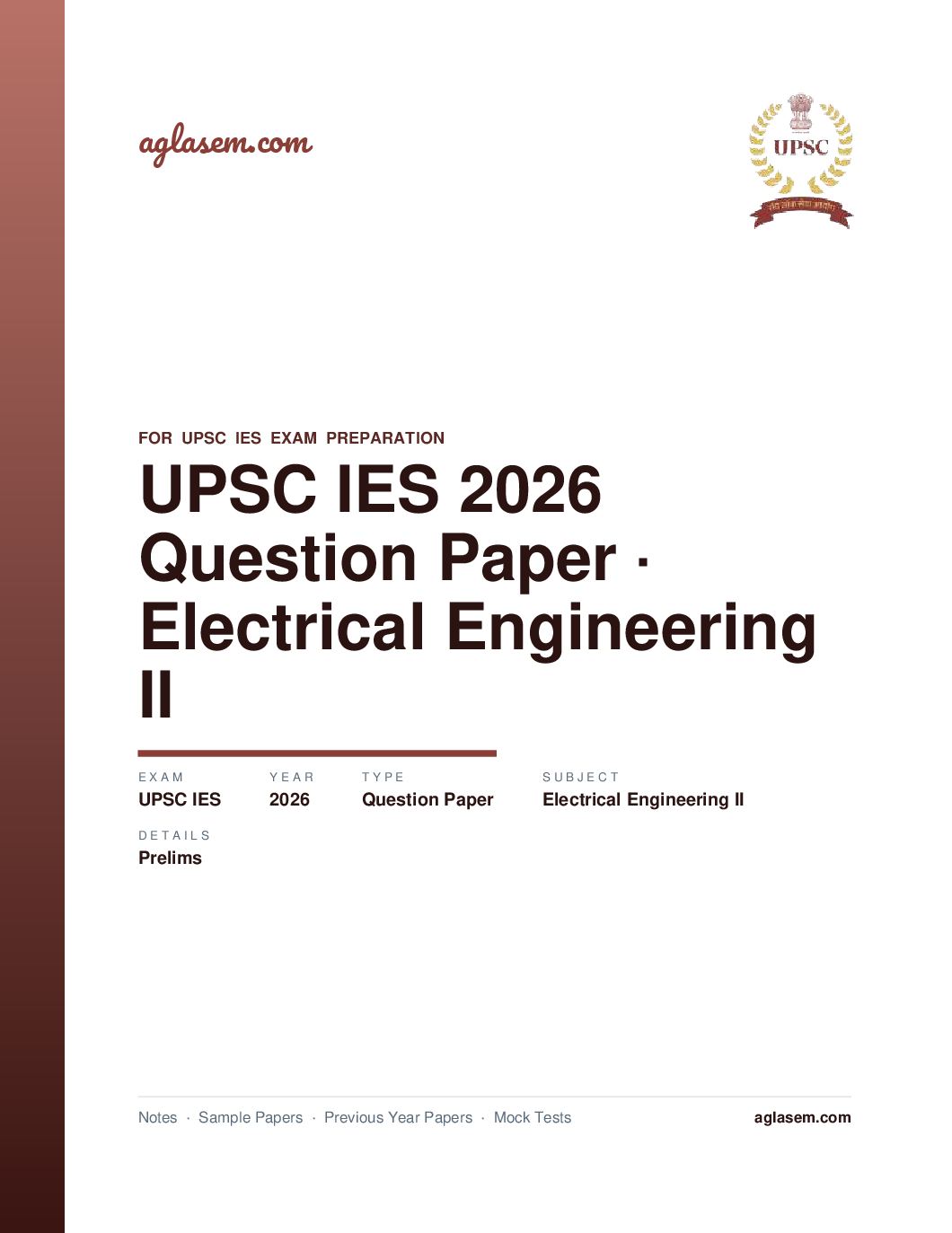 UPSC IES 2026 (Prelims) Question Paper for Electrical Engineering II - Page 1 of 41