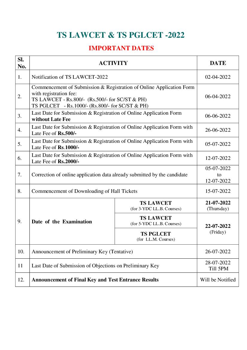 TS LAWCET 2022 Exam Schedule - Page 1